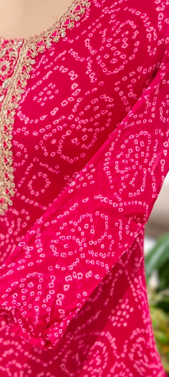 Georgette Bandhani Print Kurta Set with Heavy Embroidered Neck Full Suit Set-15480
