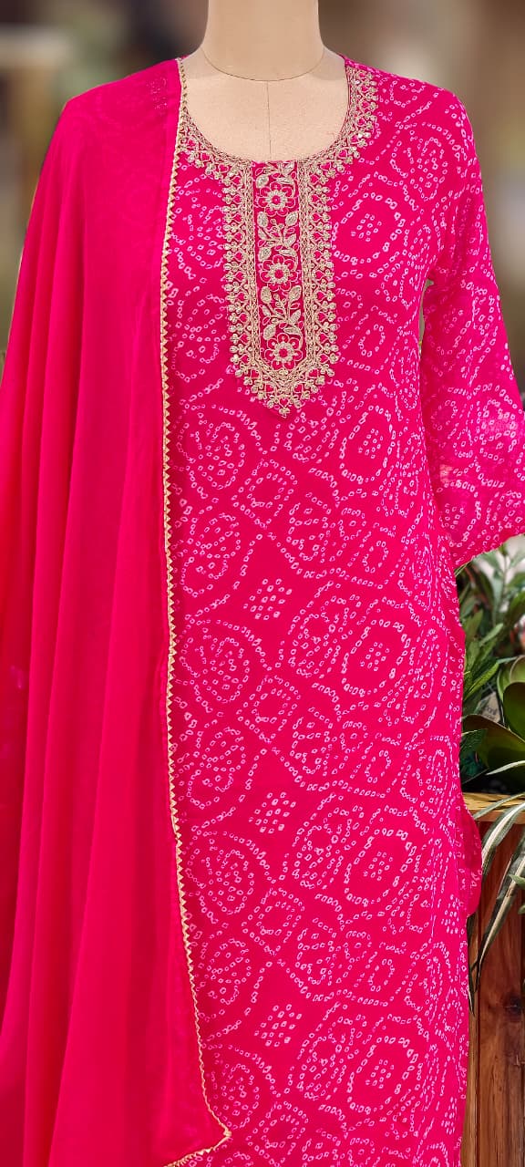 Georgette Bandhani Print Kurta Set with Heavy Embroidered Neck Full Suit Set-15480