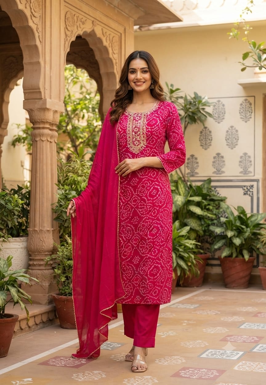 Georgette Bandhani Print Kurta Set with Heavy Embroidered Neck Full Suit Set-15480