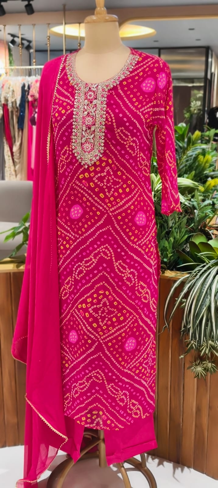 Georgette Bandhani Print Embroidered Full Suit Set with Dupatta And Bottom-15482