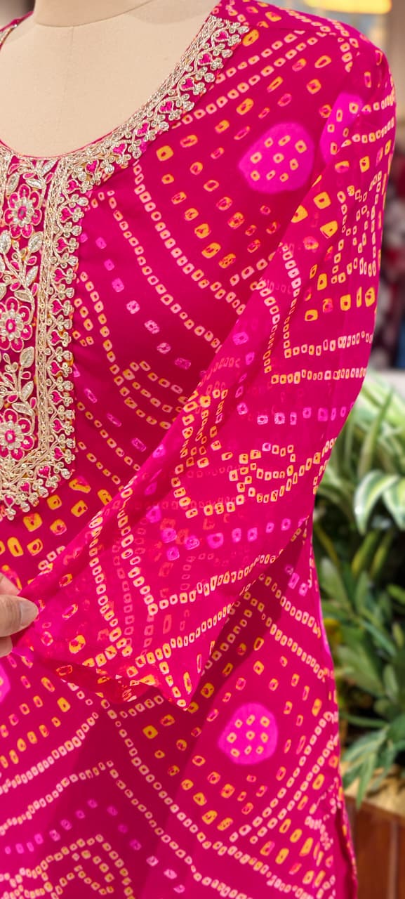 Georgette Bandhani Print Embroidered Full Suit Set with Dupatta And Bottom-15482