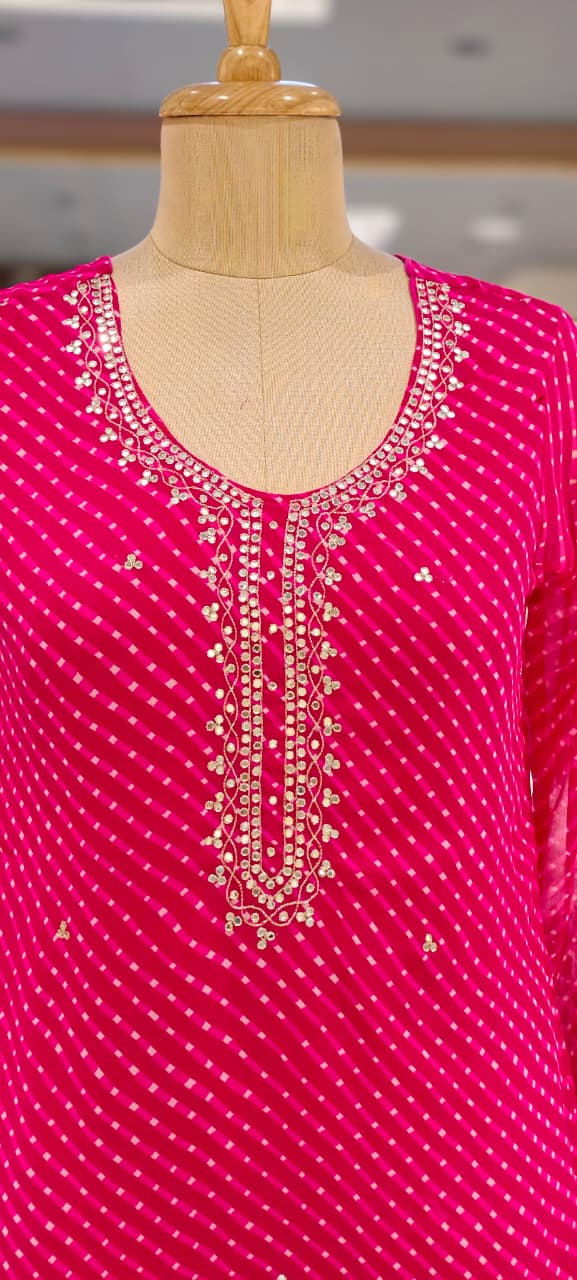 Vibrant Pink Elegant Buti Lined Hand Embroidered Yoke Lehriya Georgette Kurti Only- 15490