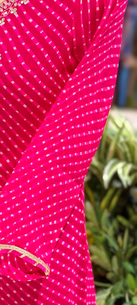 Vibrant Pink Elegant Buti Lined Hand Embroidered Yoke Lehriya Georgette Kurti Only- 15490