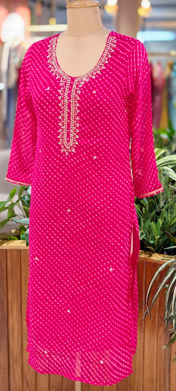 Vibrant Pink Elegant Buti Lined Hand Embroidered Yoke Lehriya Georgette Kurti Only- 15490
