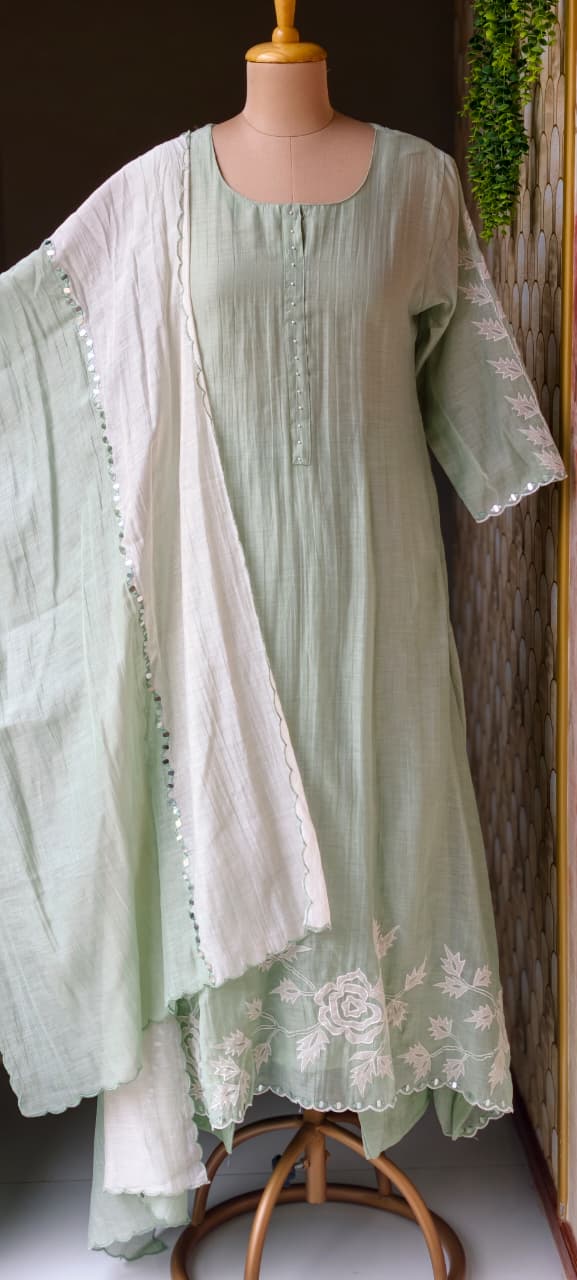 Suttle Floral Embroidered Pure Banarasi Mul-Chanderi A-Line Full Suit Set With Dual Color Dupatta- 15000