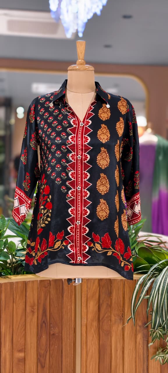 Artisnal Bird With Floral Print Casual Crepe Shirt- 15434