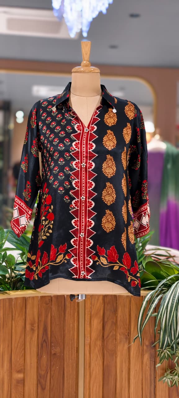 Artisnal Bird With Floral Print Casual Crepe Shirt- 15434