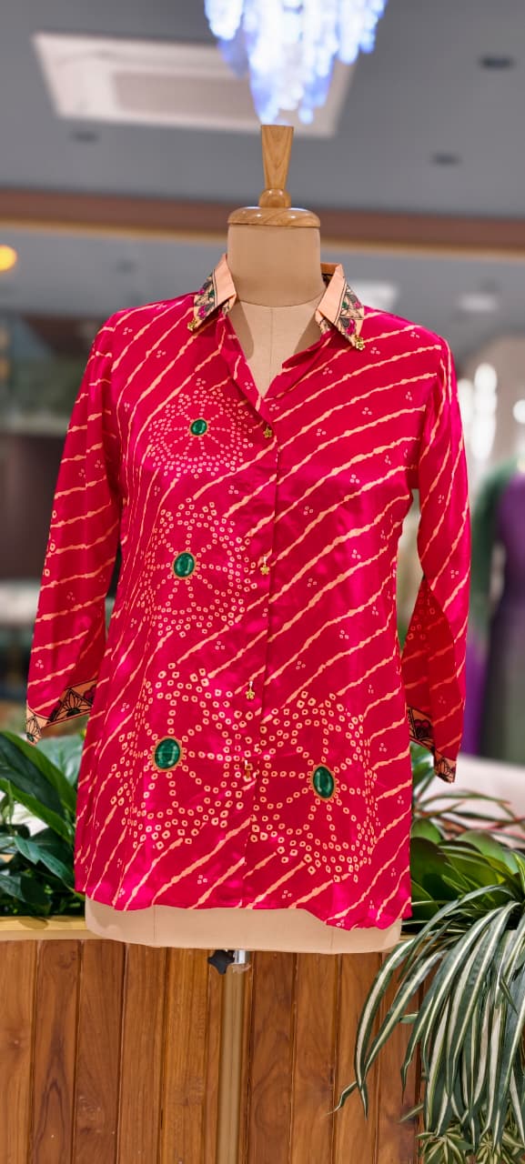 Lehriya Bandhej With Mossaic Floral Print Crepe Shirt- 15434