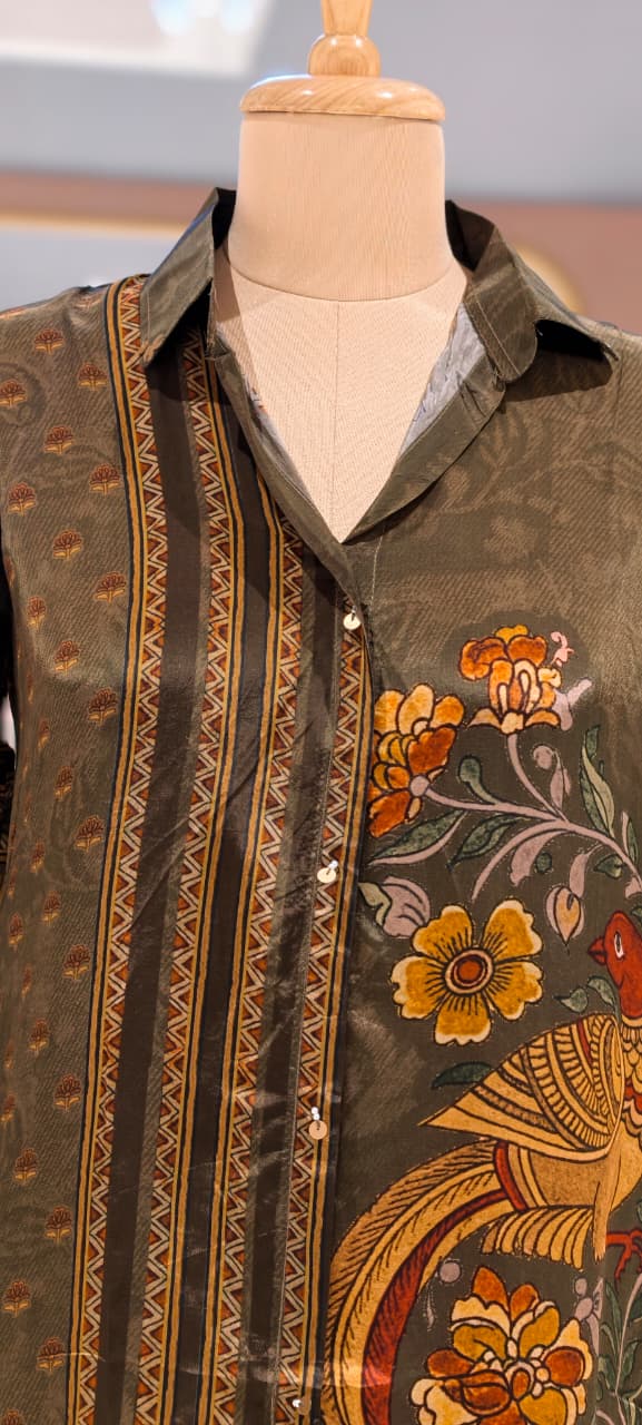 Artisnal Bird With Floral Print Casual Crepe Shirt- 15434