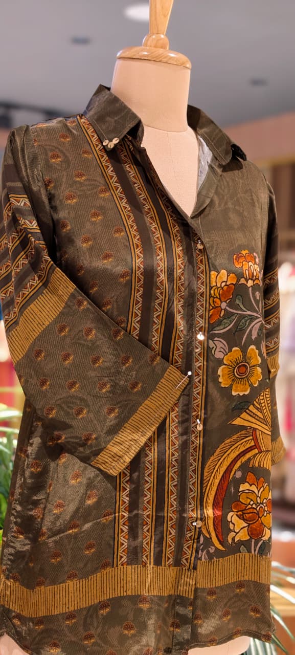 Artisnal Bird With Floral Print Casual Crepe Shirt- 15434