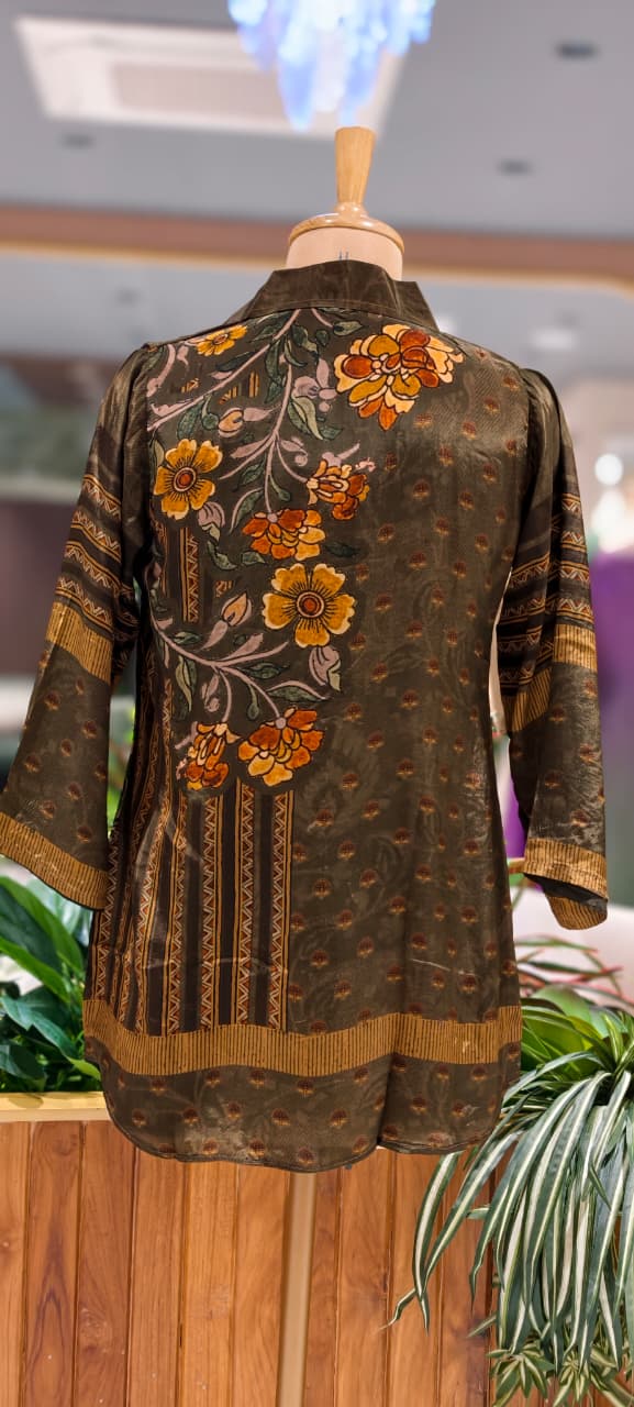 Artisnal Bird With Floral Print Casual Crepe Shirt- 15434