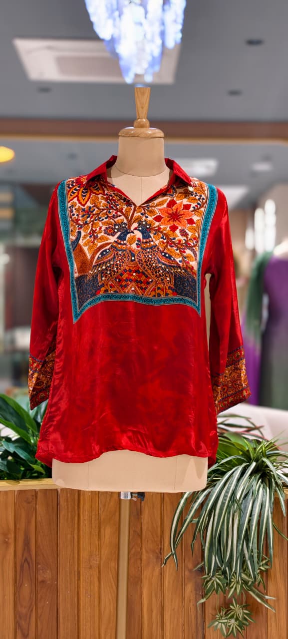 Multicolor Bohemian Bird & Figures Print Casual Crepe Shirt- 15434