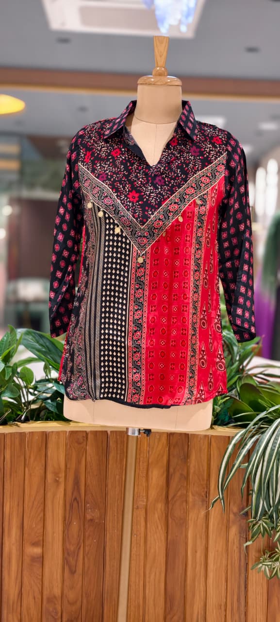 Heritage Geometric Multi Print Casual Crepe Shirt- 15434