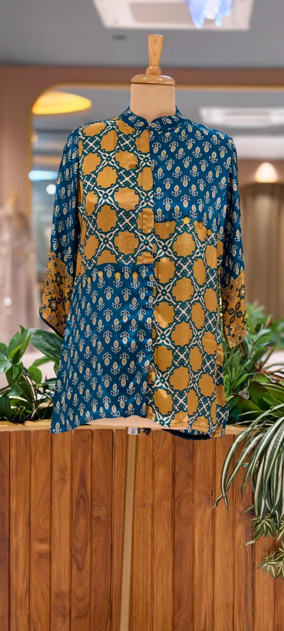 Geometric Block Print Dual Toned Casual Crepe Shirt- 15434