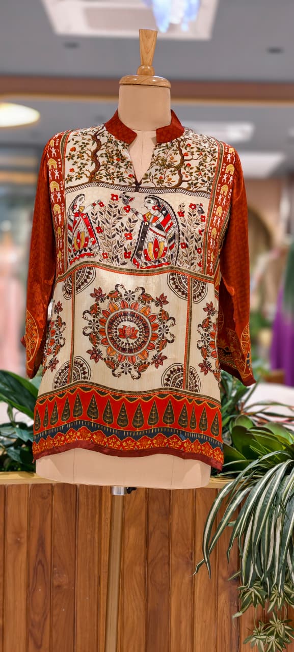 Multicolor Bohemian Bird & Figures Print Casual Crepe Shirt- 15434