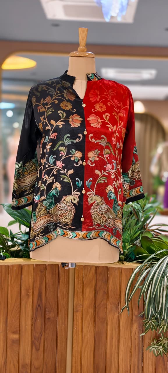 Peacock & Floral Motifs Multicolor Casual Crepe Shirt- 15434