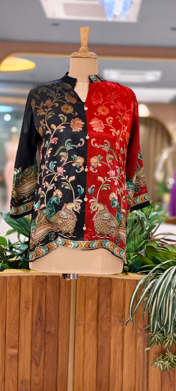 Peacock & Floral Motifs Multicolor Casual Crepe Shirt- 15434