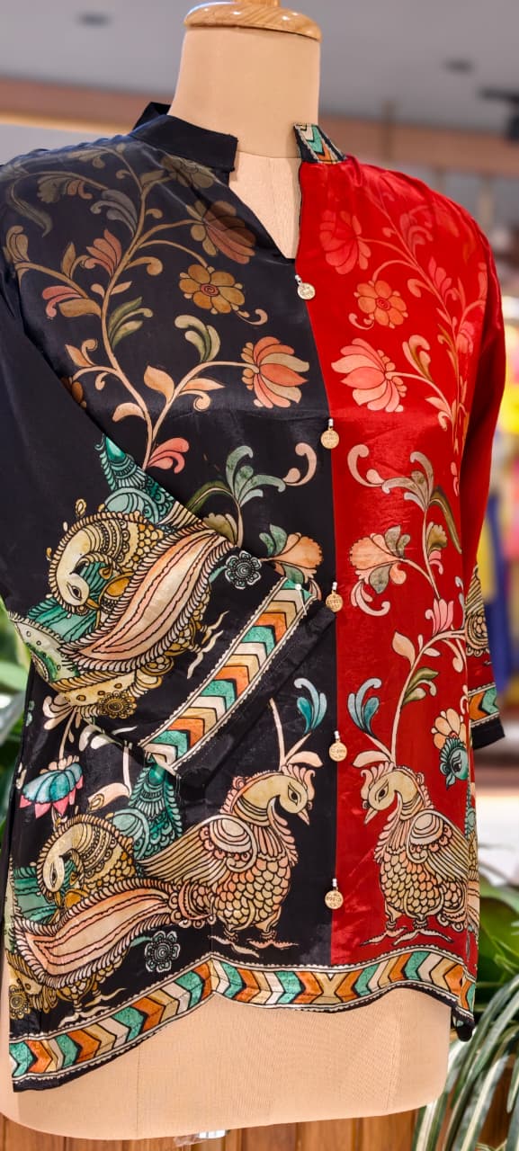 Peacock & Floral Motifs Multicolor Casual Crepe Shirt- 15434