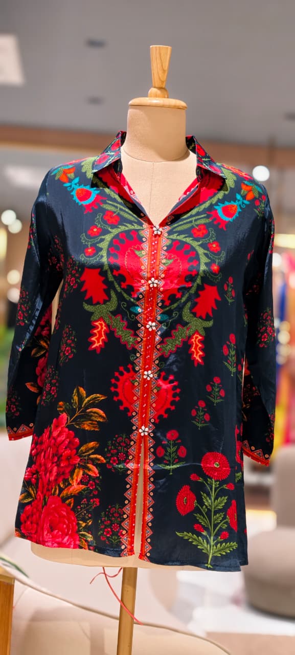 Lehriya Bandhej With Mossaic Floral Print Crepe Shirt- 15434