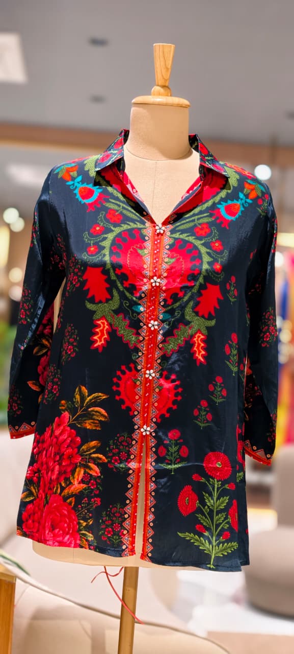 Lehriya Bandhej With Mossaic Floral Print Crepe Shirt- 15434