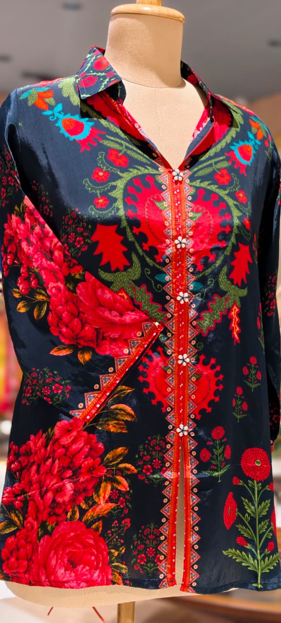 Lehriya Bandhej With Mossaic Floral Print Crepe Shirt- 15434
