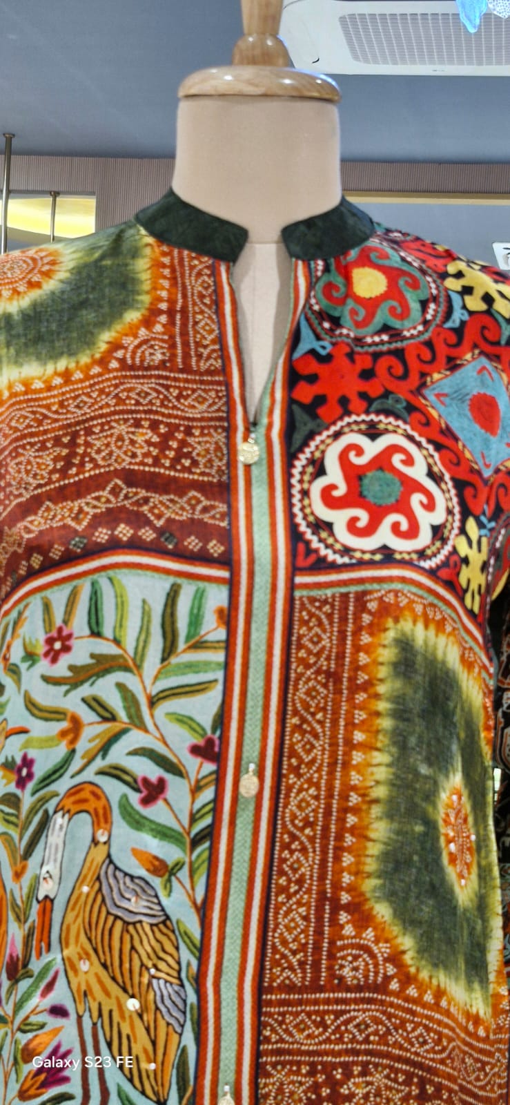 Peacock & Floral Motifs Multicolor Casual Crepe Shirt- 15434