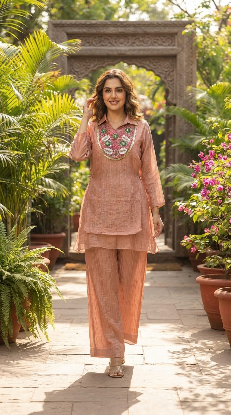 Beautiful Floral Higlights Yoke Double Layered Crush Tissue Co-Ord Set- 15514