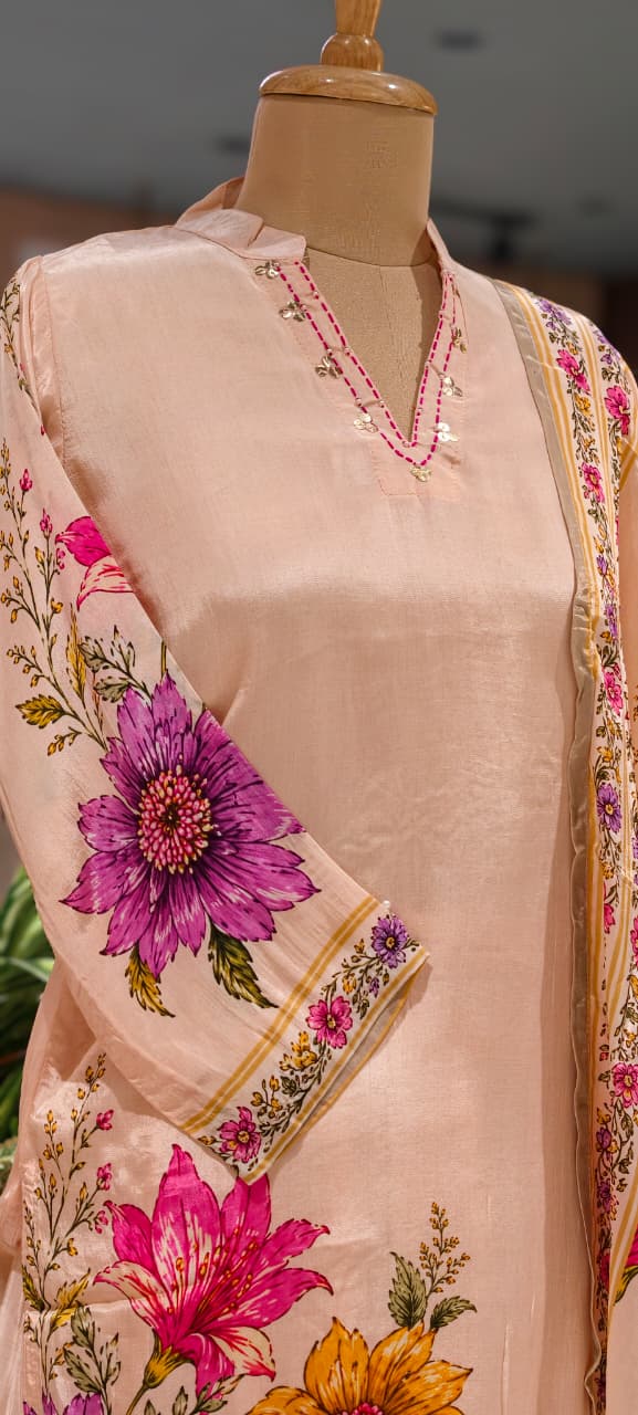 Giant Digital Multicolor Floral Prints Crepe Full Suit Set With Dupatta & Farsi Bottom- 15512