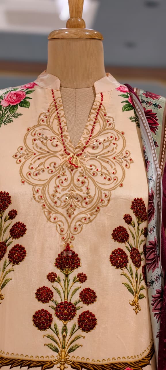 Lotus Inspired Lawn Bold Print Crepe Farshi Salwar Full Suit Set With Dupatta- 15511