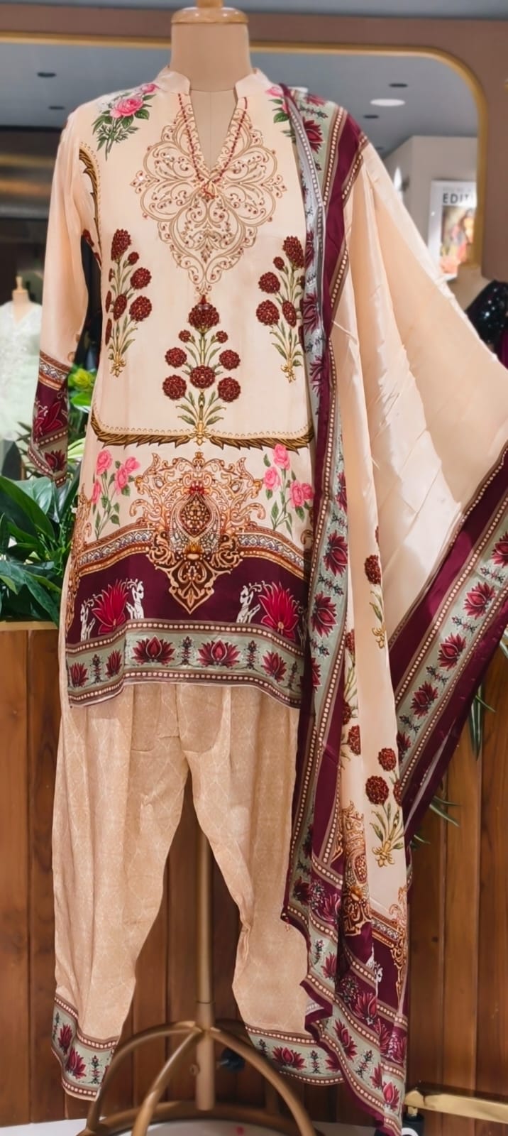 Lotus Inspired Lawn Bold Print Crepe Farshi Salwar Full Suit Set With Dupatta- 15511