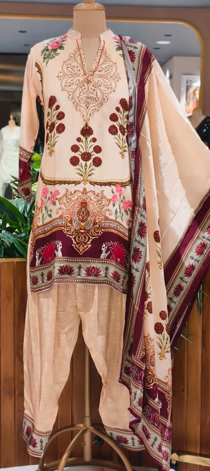 Lotus Inspired Lawn Bold Print Crepe Farshi Salwar Full Suit Set With Dupatta- 15511