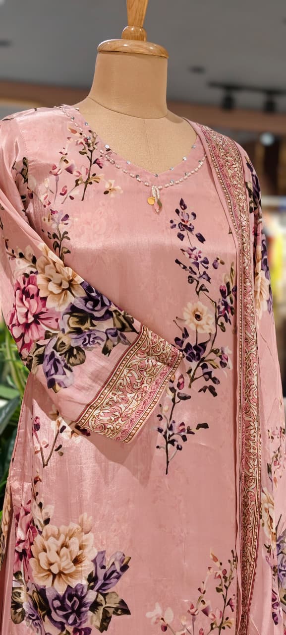 Fine Digital Floral Print Graceful Mauve Crepe Full Suit Set With Dupatta & Farsi Bottom- 15513