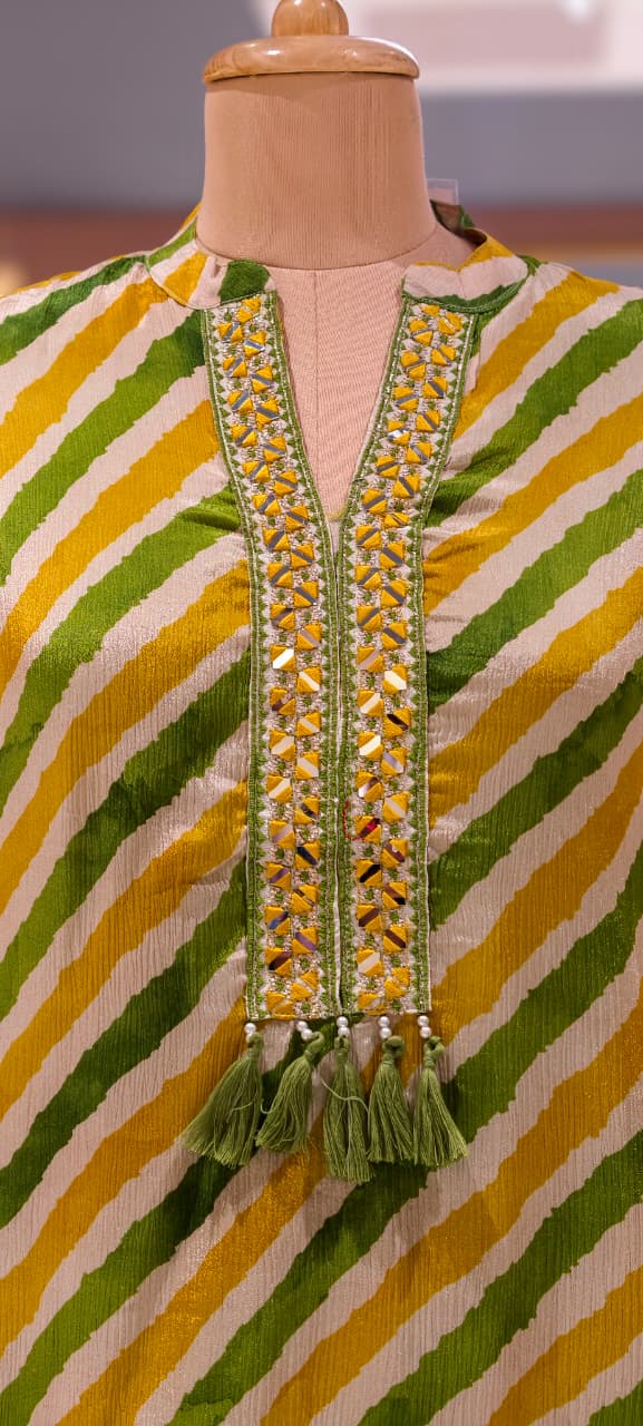 Foli Mirror Thread Embroidery Tassel Accent Lehriya Short Length Kurta With Farsi Salwar & Dupatta In Chinon Fabric-15510