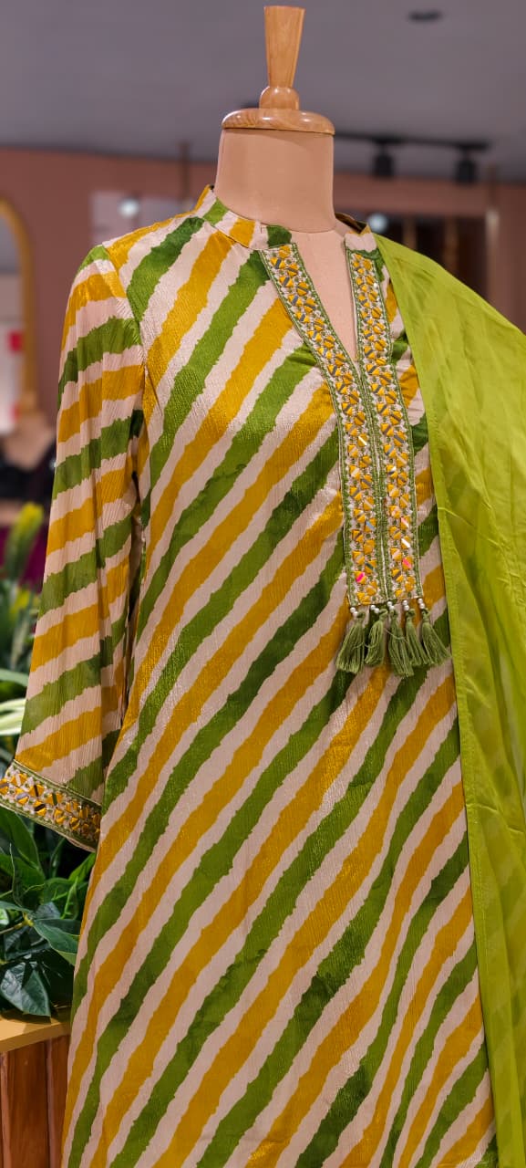 Foli Mirror Thread Embroidery Tassel Accent Lehriya Short Length Kurta With Farsi Salwar & Dupatta In Chinon Fabric-15510