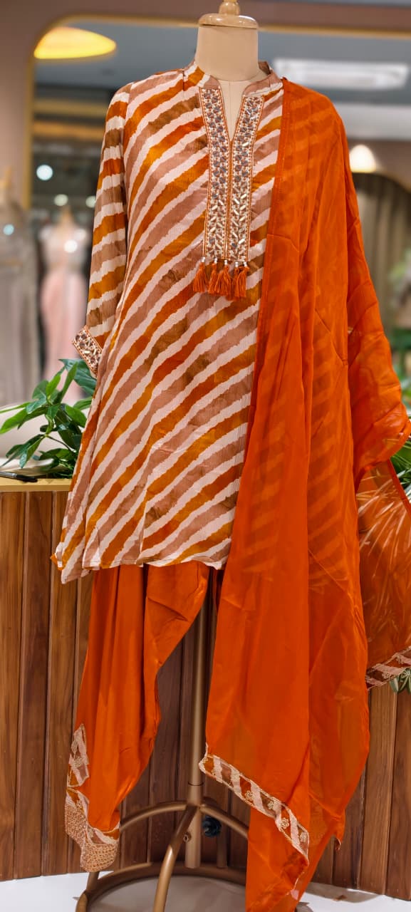 Foli Mirror Thread Embroidery Tassel Accent Lehriya Short Length Kurta With Farsi Salwar & Dupatta In Chinon Fabric-15510
