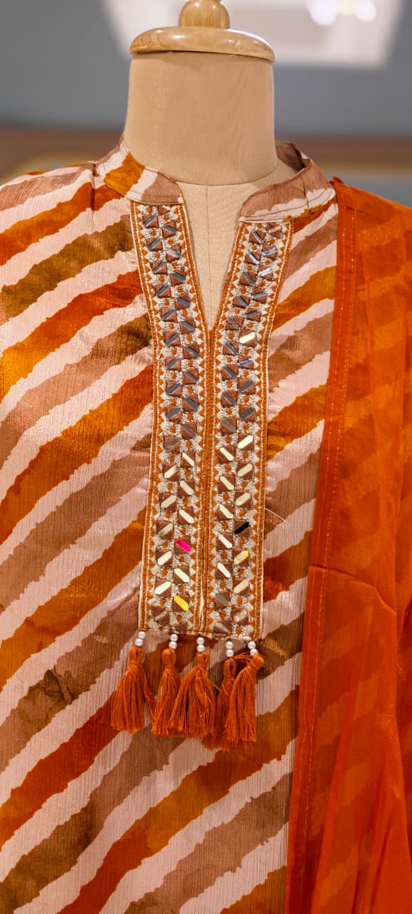 Foli Mirror Thread Embroidery Tassel Accent Lehriya Short Length Kurta With Farsi Salwar & Dupatta In Chinon Fabric-15510