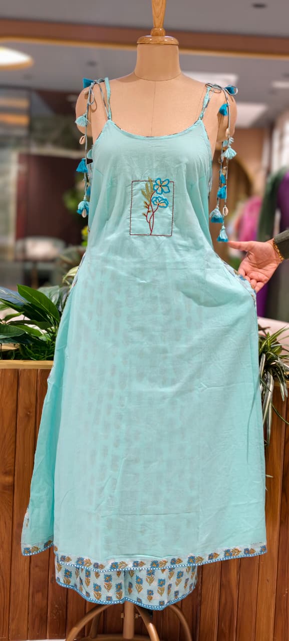 Noodle Strap Summer Style Embroidered Cotton Solid Full Suit Set With Printed Bottom- 15494