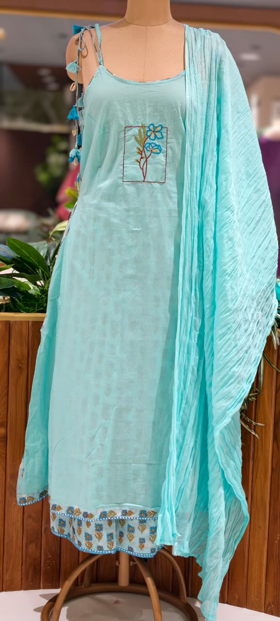 Noodle Strap Summer Style Embroidered Cotton Solid Full Suit Set With Printed Bottom- 15494