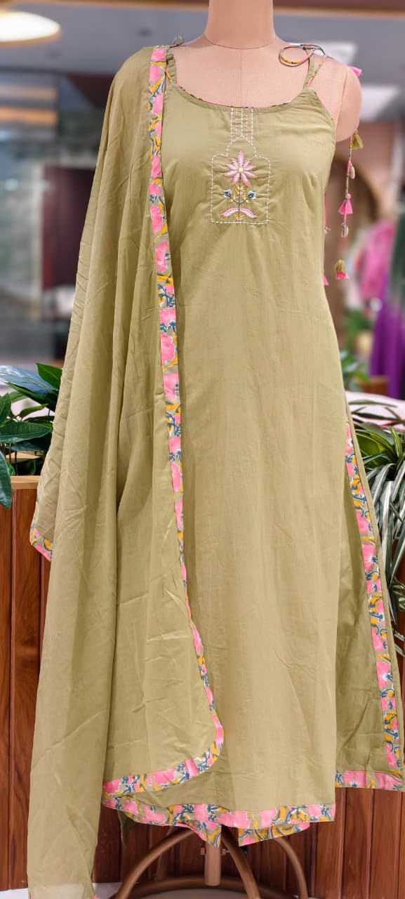 Noodle Strap Summer Style Embroidered Cotton Solid Full Suit Set With Printed Bottom- 15494