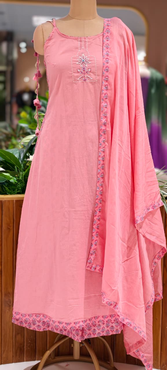 Noodle Strap Summer Style Embroidered Cotton Solid Full Suit Set With Printed Bottom- 15494