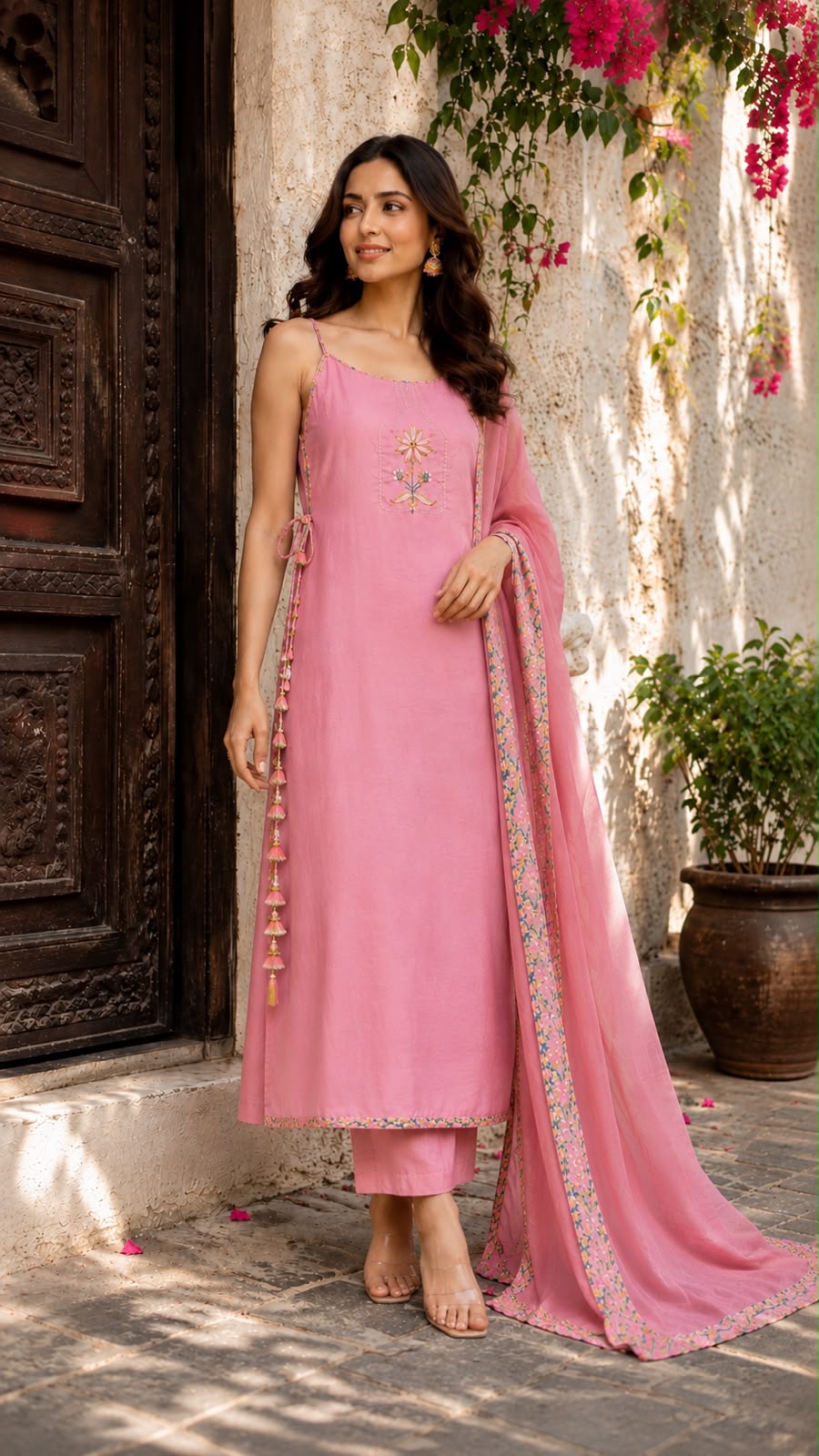 Noodle Strap Summer Style Embroidered Cotton Solid Full Suit Set With Printed Bottom- 15494