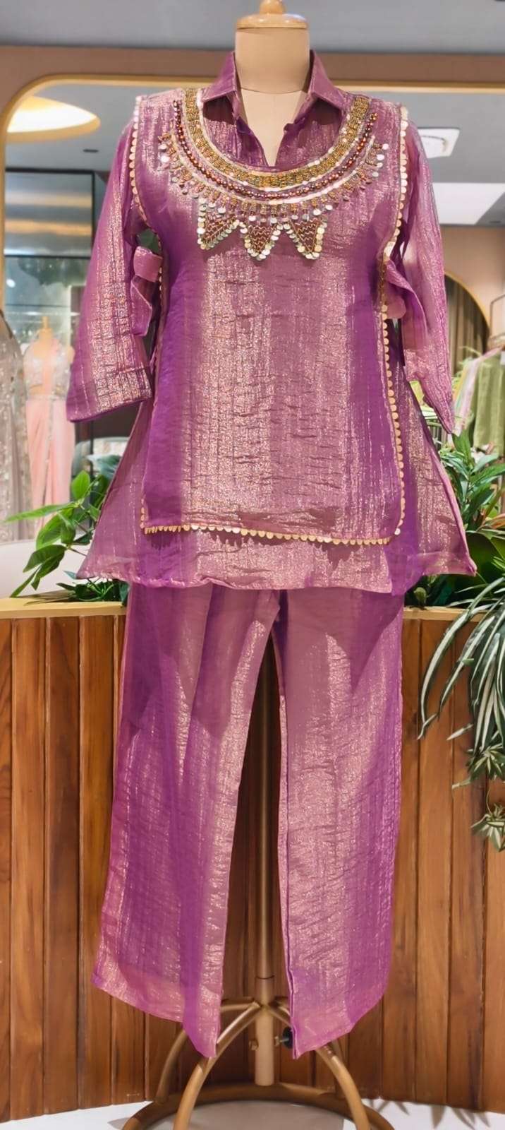 Embellished Shimmer Outer With Collared Matching Co-Ord Set In Crush Tissue Fabric- 15530
