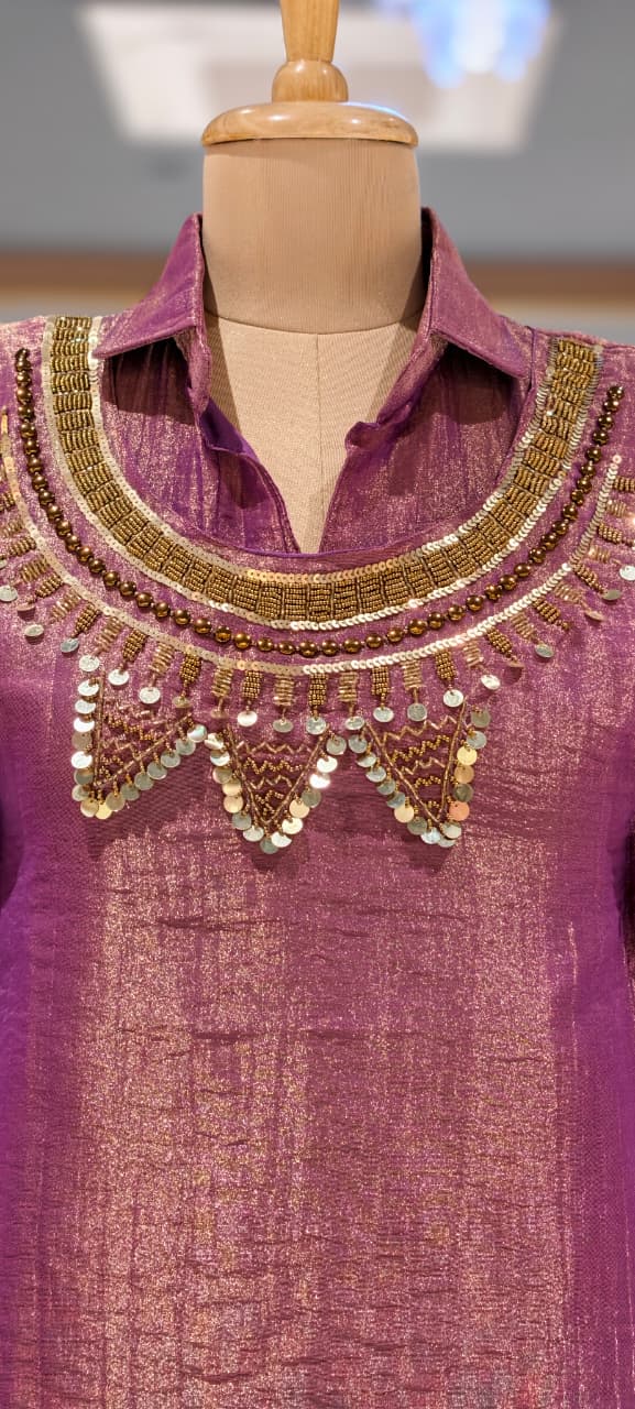 Embellished Shimmer Outer With Collared Matching Co-Ord Set In Crush Tissue Fabric- 15530