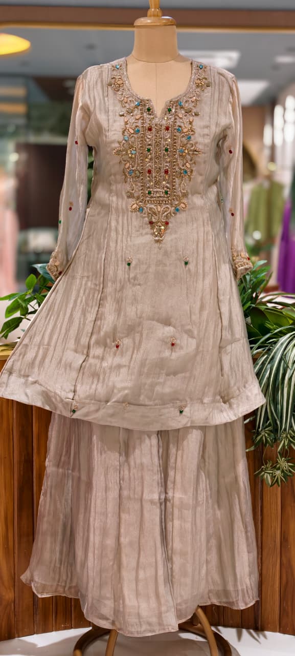 Premium Butter Shine Antique Hand Embellished Yoke Crush Tissue Full Suit Set With Dupatta- 15518