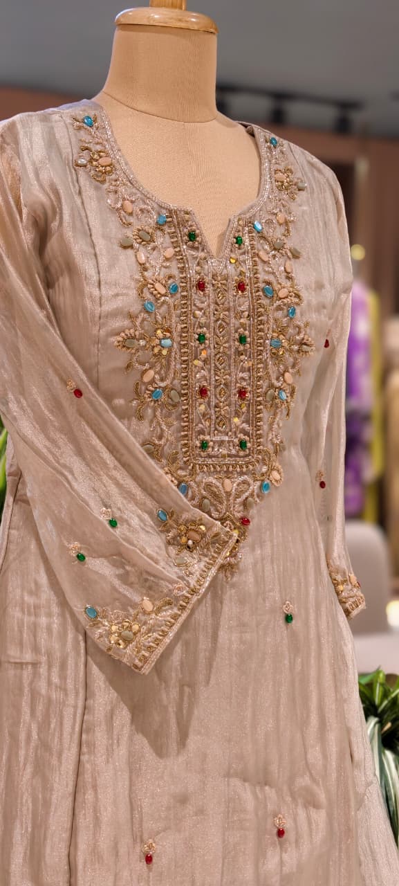Premium Butter Shine Antique Hand Embellished Yoke Crush Tissue Full Suit Set With Dupatta- 15518