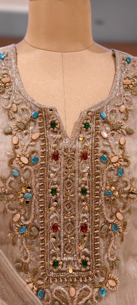 Premium Butter Shine Antique Hand Embellished Yoke Crush Tissue Full Suit Set With Dupatta- 15518