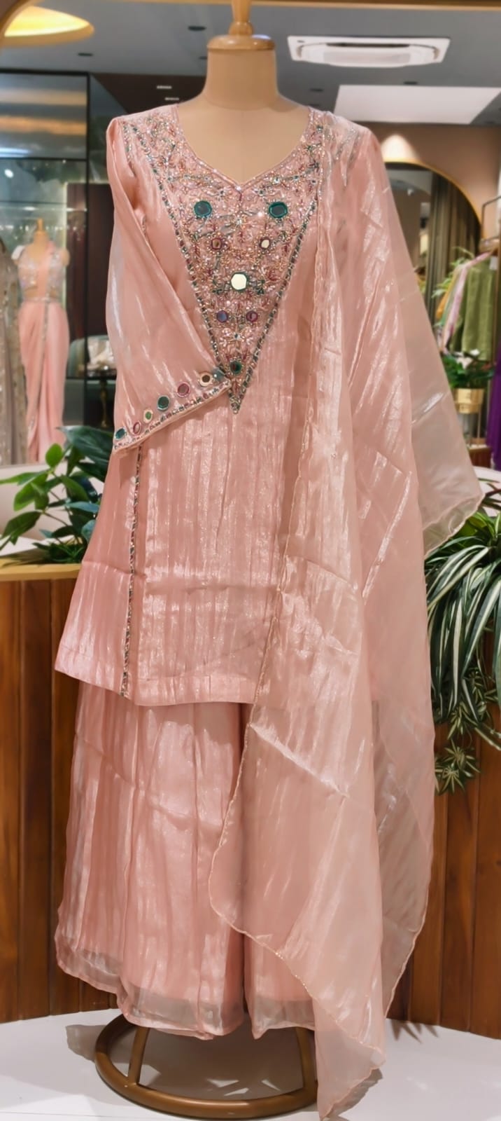 Blush Pink Elegant Sheer Highlighted Yoke Crush Tissue Full Suit Set With Dupatta- 15519