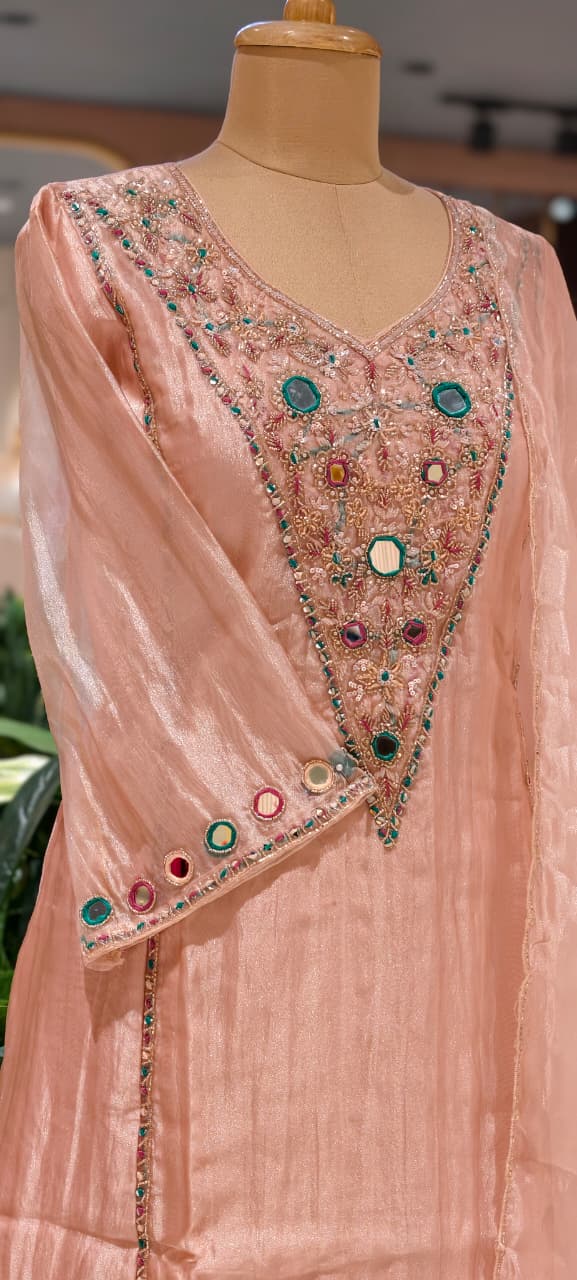 Blush Pink Elegant Sheer Highlighted Yoke Crush Tissue Full Suit Set With Dupatta- 15519