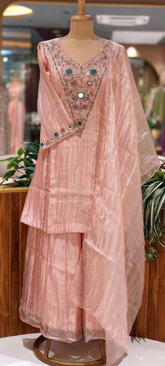 Blush Pink Elegant Sheer Highlighted Yoke Crush Tissue Full Suit Set With Dupatta- 15519