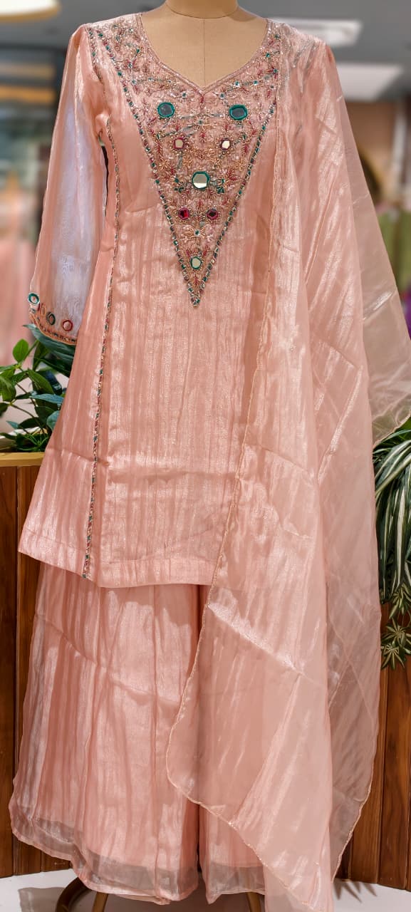 Blush Pink Elegant Sheer Highlighted Yoke Crush Tissue Full Suit Set With Dupatta- 15519